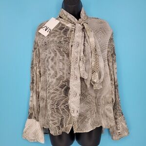 Zara Tie Neck Blouse Womens XL Snakeskin Animal Print Sheer Long Sleeve new
